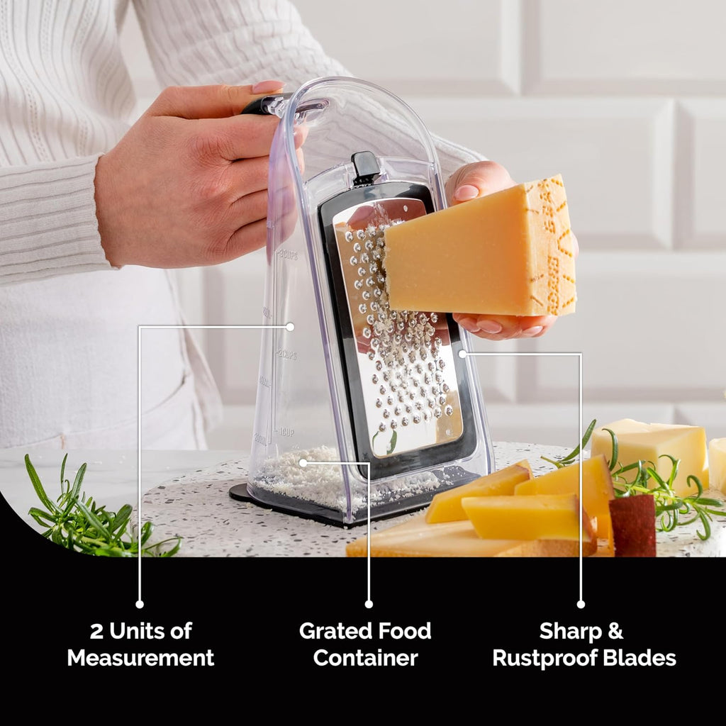 Cheese Grater with Garlic Crusher- Box Grater Vegetable Shredder with 3 Stainless Steel Blades - Graters for Kitchen- Cheese Graters with Handle - Garlic Mincer Tool and Vegetable Peeler